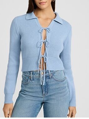 Express Light Blue Collared Tie-Front Cropped Sweater